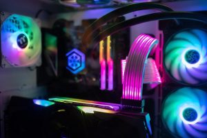 close up image of gaming PC computer and accessories