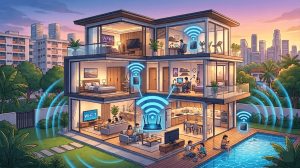 Image depicts multi-storey home in Singapore with icons depicting whole home coverage of Wi-Fi 7