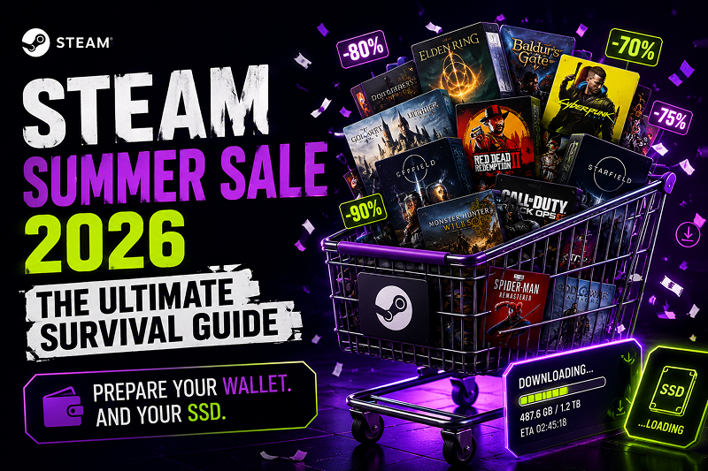 Image shows text: Steam Summer Sale 2026 together with shopping cart overflowing with games on discounted prices