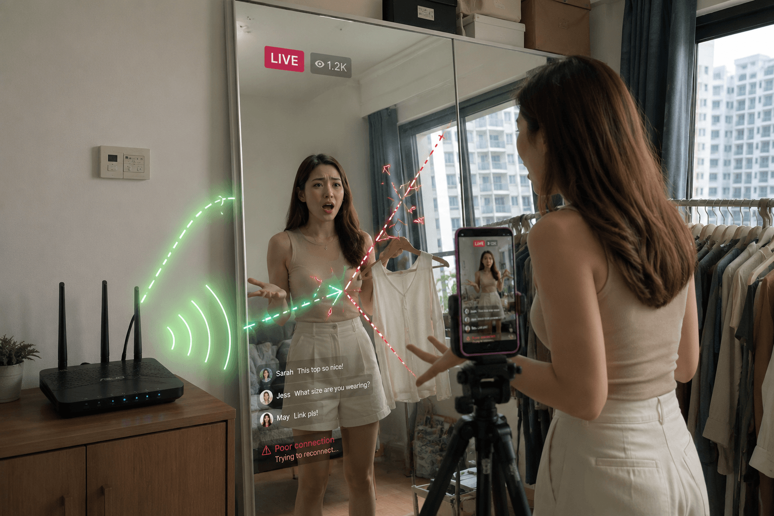 a mirror disrupts a live streaming session as the wi-fi signal is reflected off the mirrors, depicting reasons of why your wi-fi isn’t working