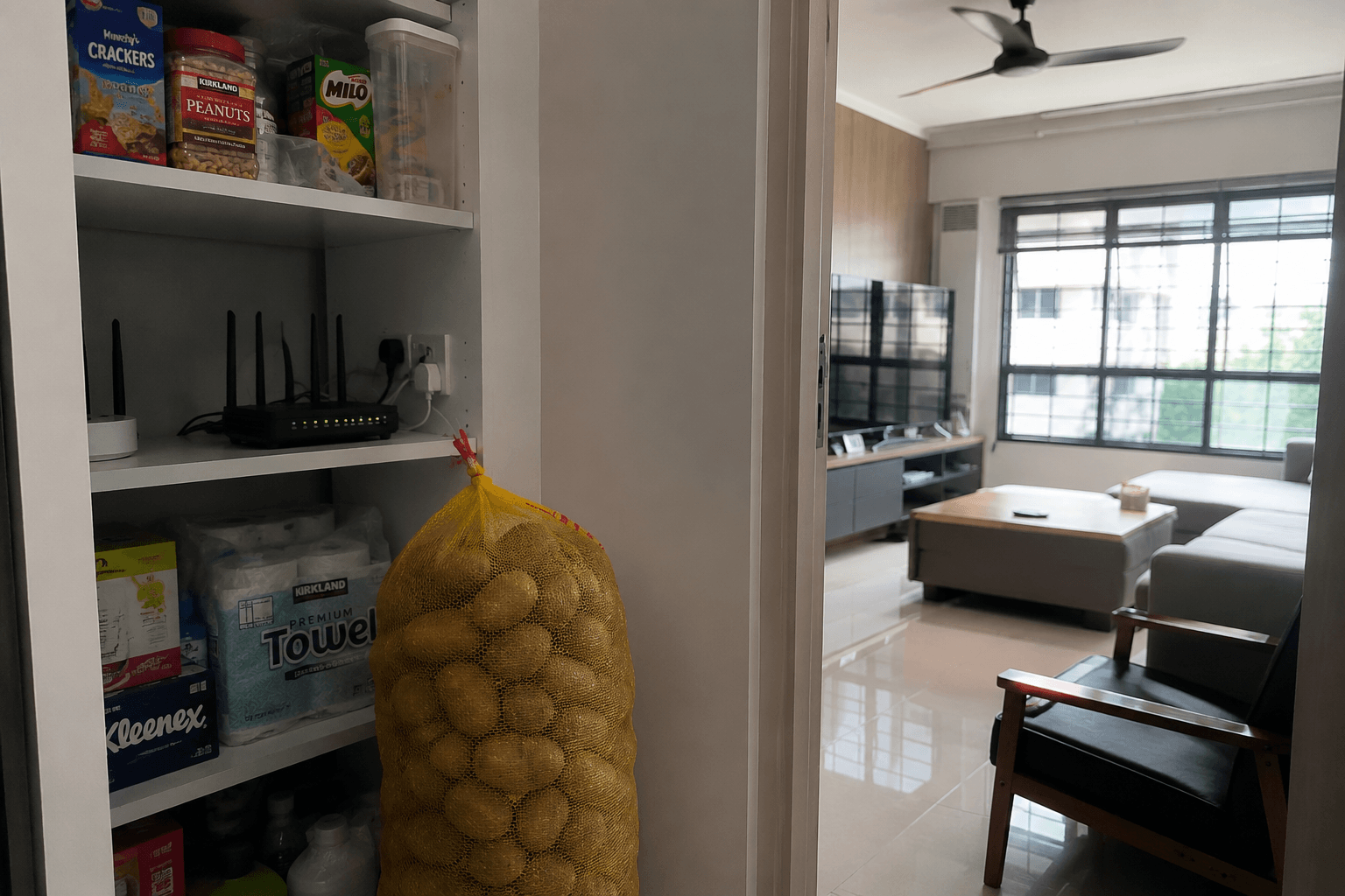 image shows a sack of potatoes placed next to an internet router, stopping the wi-fi signal