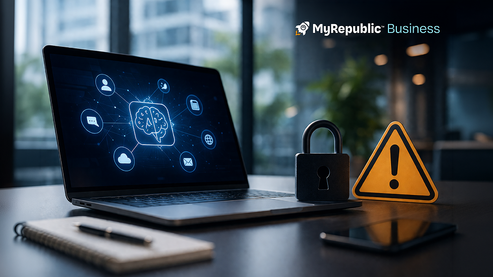 image shows a laptop with various AI tools and a warning sign on the side of the desk depicting the risks users should be aware of when using AI for business